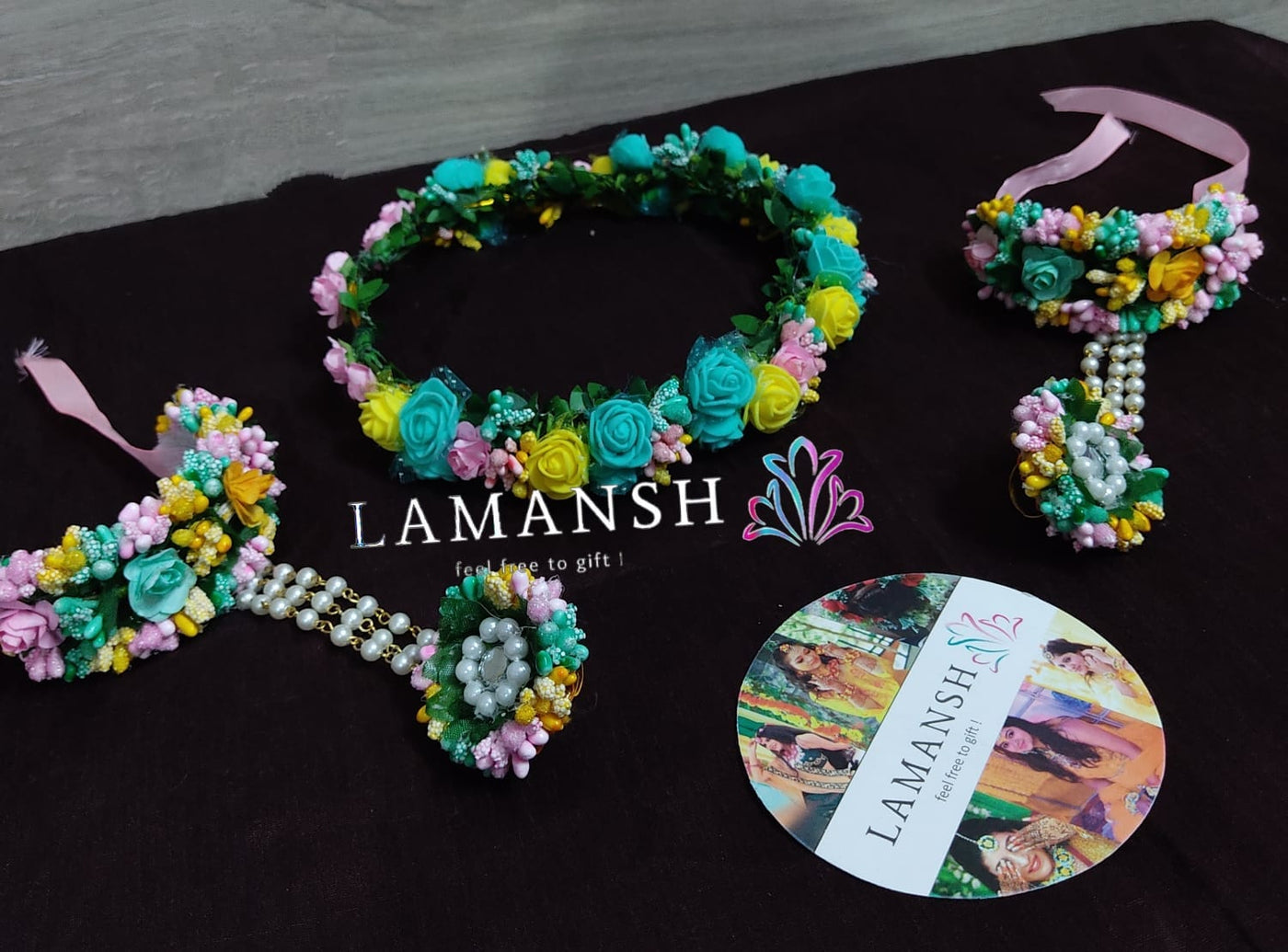 New Jaipur Handicraft Flower Tiara & hathphool combo Sea green-Pink-yellow / Engagement LAMANSH® Elegant Head Tiara & Bracelet attached with Ring  for Women & Girls 🌺 / Haldi Set
