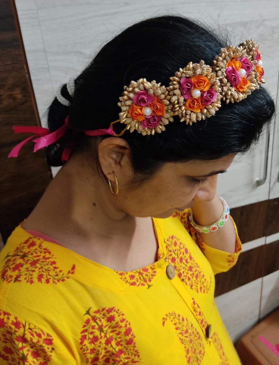 New Jaipur Handicraft Flower Tiara 😇 Orange-Pink-Golden / Engagement / Birthday LAMANSH® Flower/Floral Tiara for Bride/Beach Destination Wedding, Haldi Mehndi Baby Shower Valentine Anniversary Birthday / Tiara set