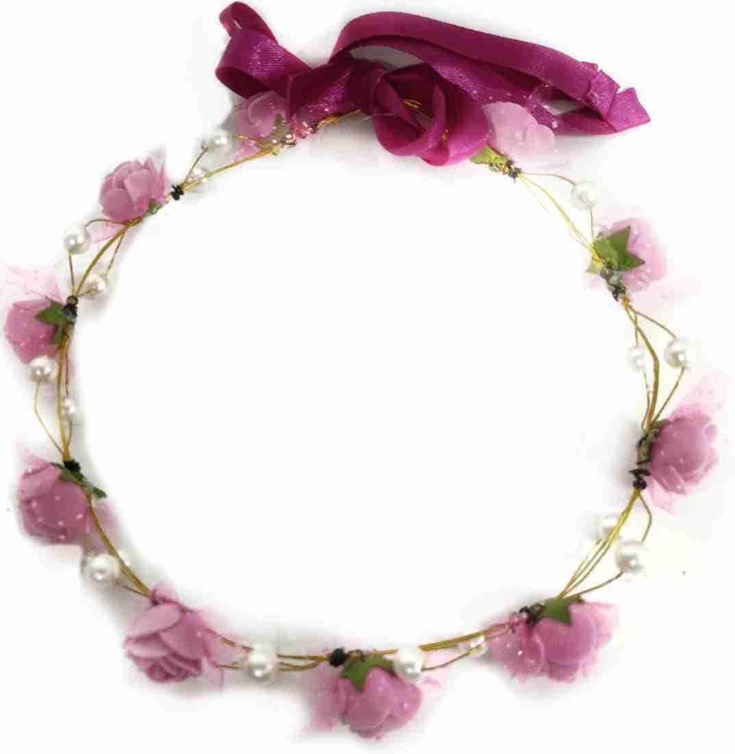 New Jaipur Handicraft Flower Tiara 😇 Pink / Engagement / Birthday Lamansh® Royal Flower Premium Flower Pearl Gracious Tiara/Crown Head Wrap for Wedding | Baby Shower | Haldi | Mehandi | Party Tiara set