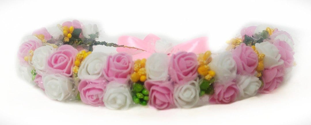 New Jaipur Handicraft Flower Tiara 😇 Pink-White / Engagement / Birthday Lamansh® Royal Flower Premium Flower Pearl Gracious Tiara/Crown Head Wrap for Wedding | Baby Shower | Haldi | Mehandi | Party Tiara set