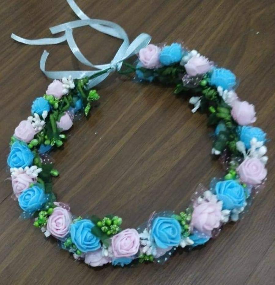New Jaipur Handicraft Flower Tiara 😇 Sky Blue-Pink -Green / Engagement / Birthday LAMANSH® Flower/Floral Tiara for Bride/Beach Destination Wedding, Haldi Mehndi Baby Shower Valentine Anniversary Birthday / Tiara set