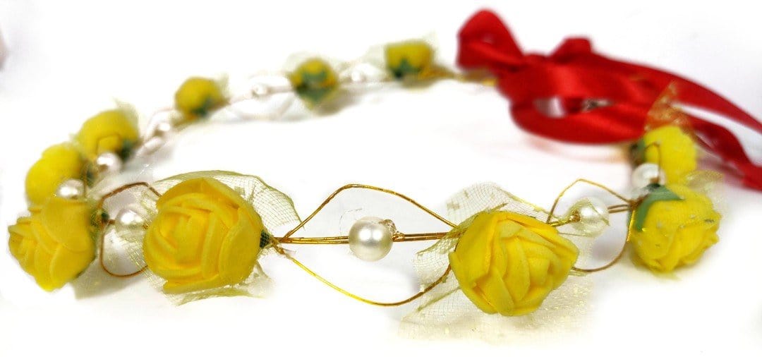 New Jaipur Handicraft Flower Tiara 😇 Yellow / Engagement / Birthday Lamansh® Royal Flower Premium Flower Pearl Gracious Tiara/Crown Head Wrap for Wedding | Baby Shower | Haldi | Mehandi | Party Tiara set