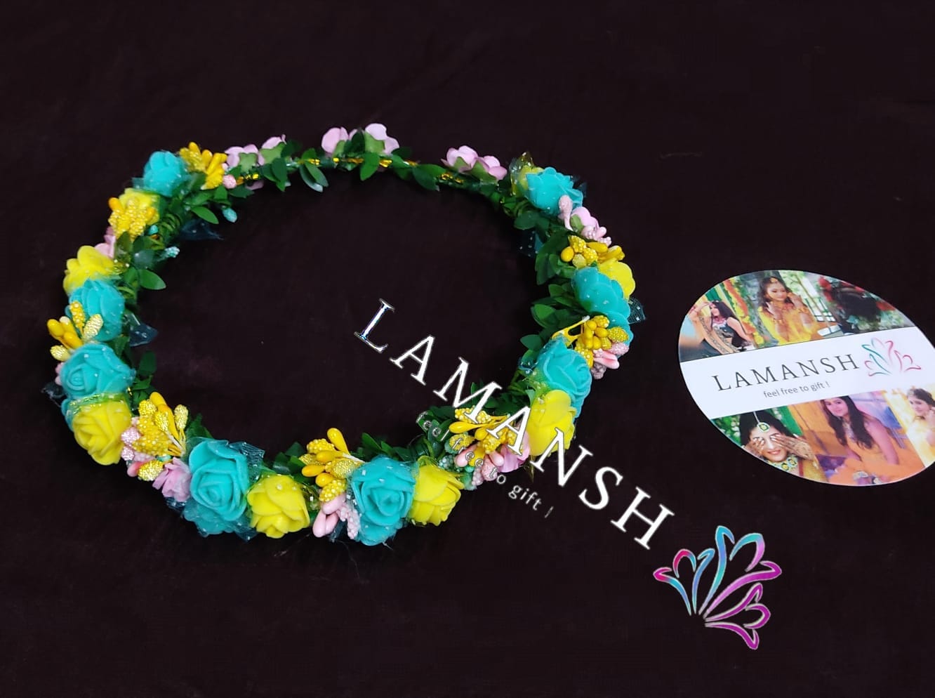 New Jaipur Handicraft Flower Tiara Yellow-Pink-sea green / Engagement LAMANSH® Floral Head Tiara for Women & Girls 🌺 / Haldi Set