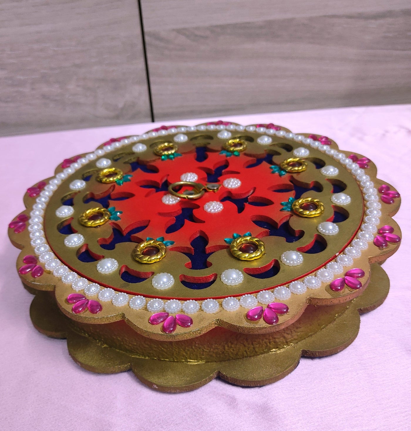 New Jaipur Handicraft Gift Baskets 💛 Multicolor / 26 cm diameter Lamansh® Round Laser cut Wooden Dry fruit boxes for Gifting / Multi compartment Antique look Box for Diwali , Gifting , Home Decor