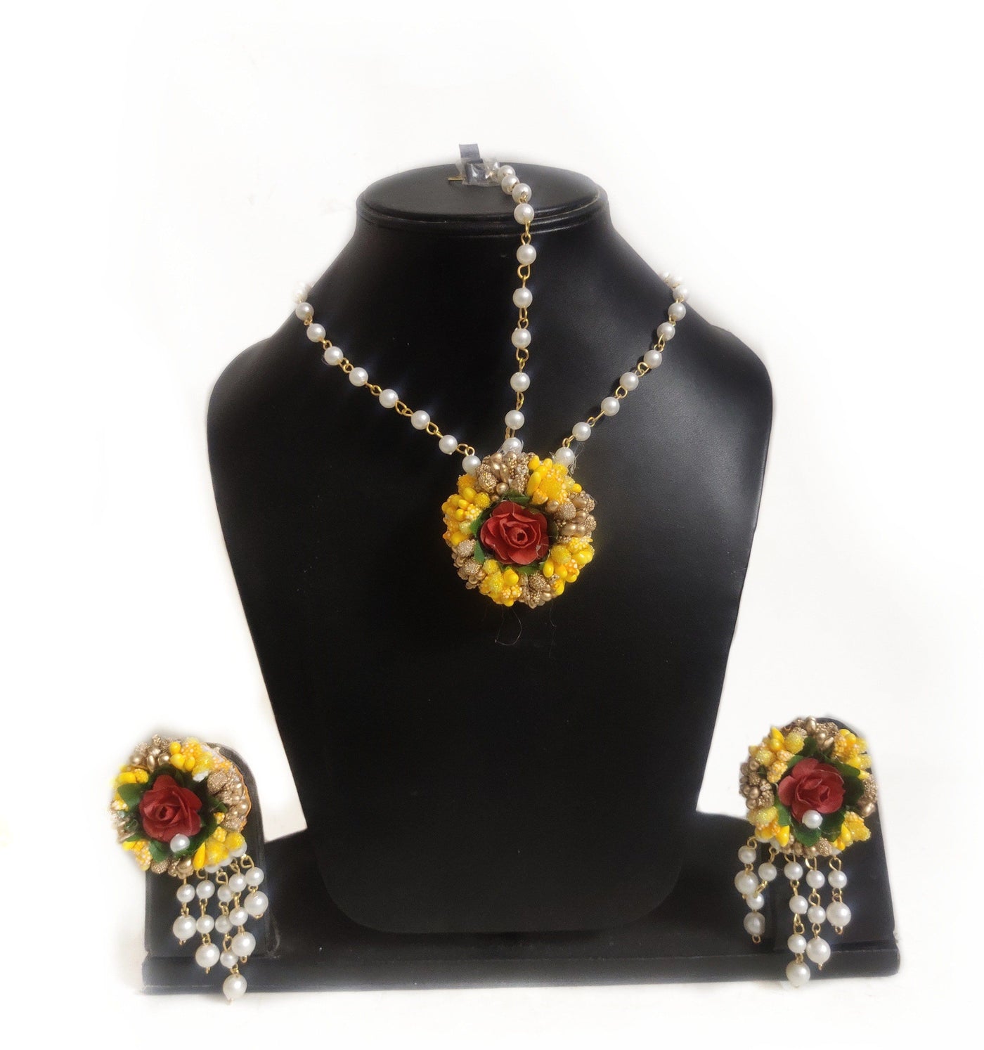 New Jaipur Handicraft Jewel Set Yellow-Red / Free Size / Haldi, Mehendi Lamansh Flower Jewellery Set