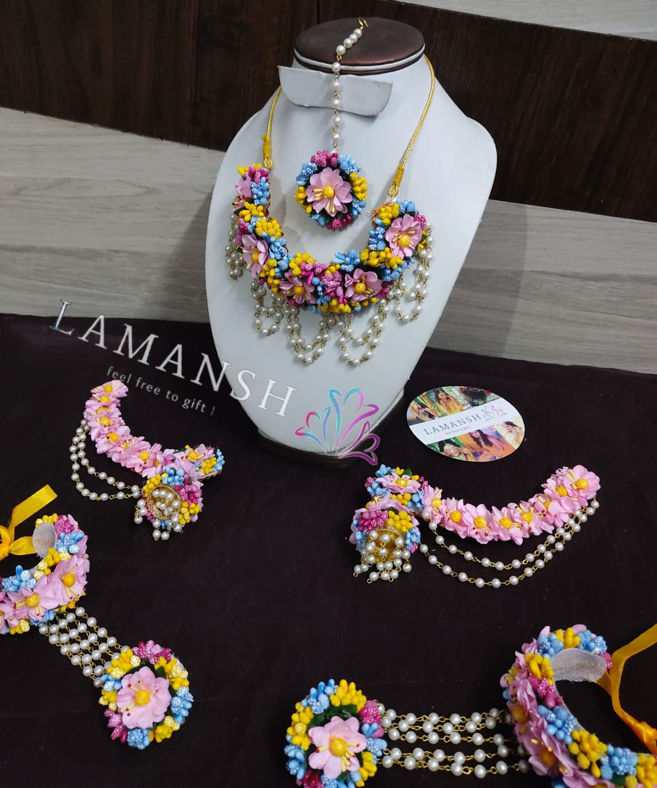 New Jaipur Handicraft latest floral sets Pink- Blue-Yellow / Free Size / Bridal Look Lamansh® 🌺 Floral Jewellery Set with extended clips in the Earrings / Flower Bridal set