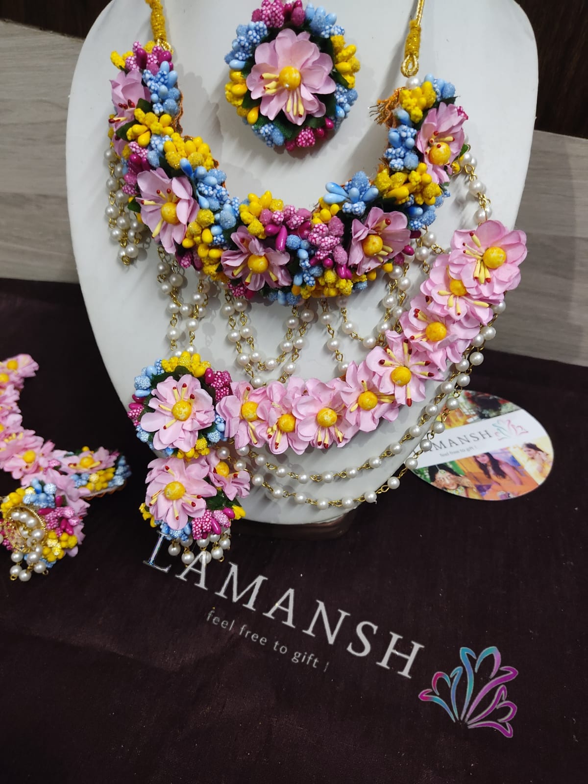 New Jaipur Handicraft latest floral sets Pink- Blue-Yellow / Free Size / Bridal Look Lamansh® 🌺 Floral Jewellery Set with extended clips in the Earrings / Flower Bridal set
