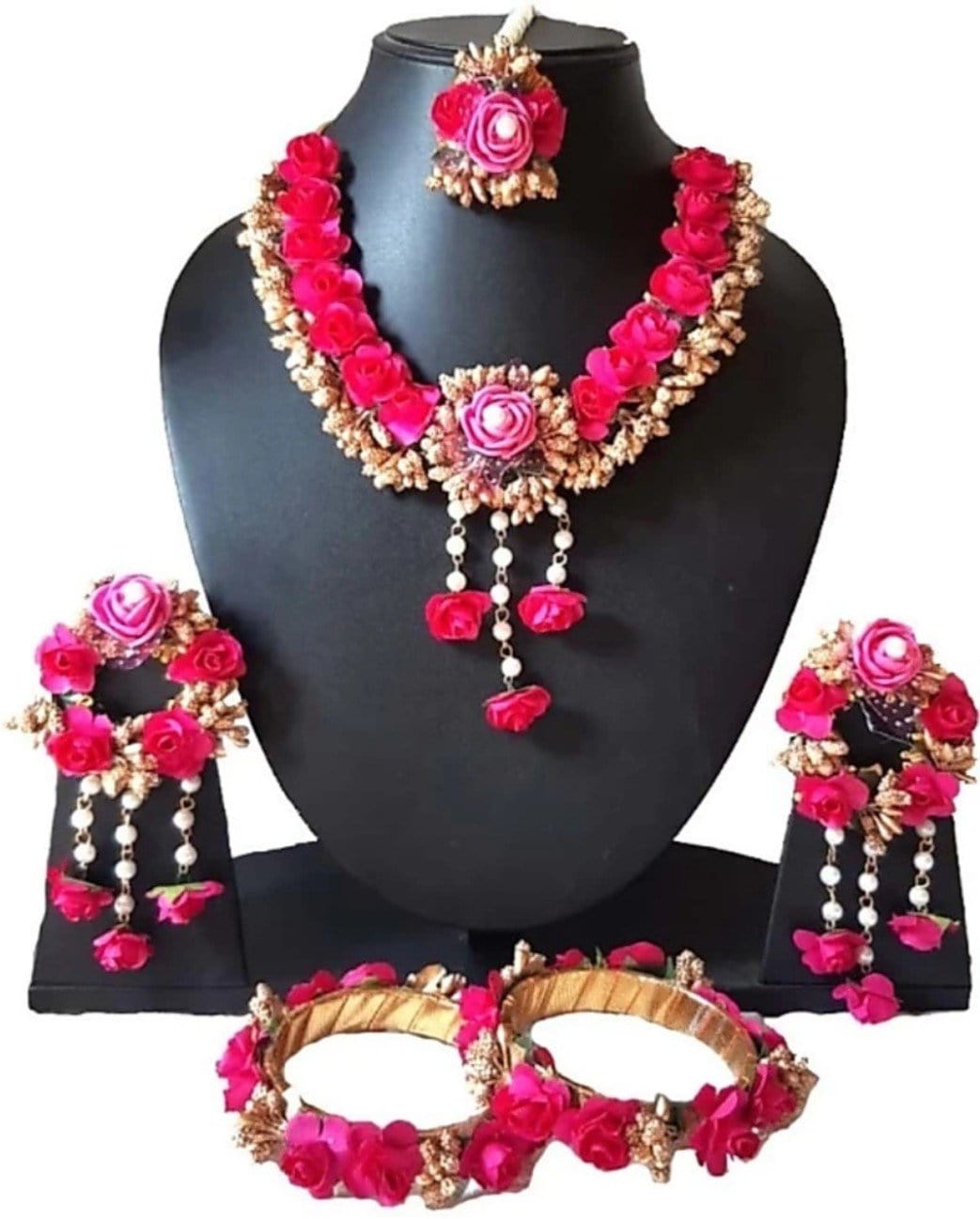 New Jaipur Handicraft Necklace ,Earring, Maangtika & Bangles Set Pink / Free Size / Bridal Look Lamansh® 🌺 Floral Jewel Set