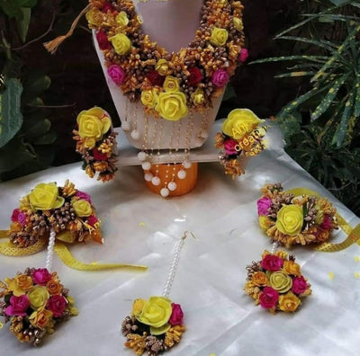 New Jaipur Handicraft Necklace ,Earring, Maangtika & Bangles Set Yellow-Pink-Gold / Free Size / Bridal Look Lamansh® 🌺 Special Floral Jewel Set
