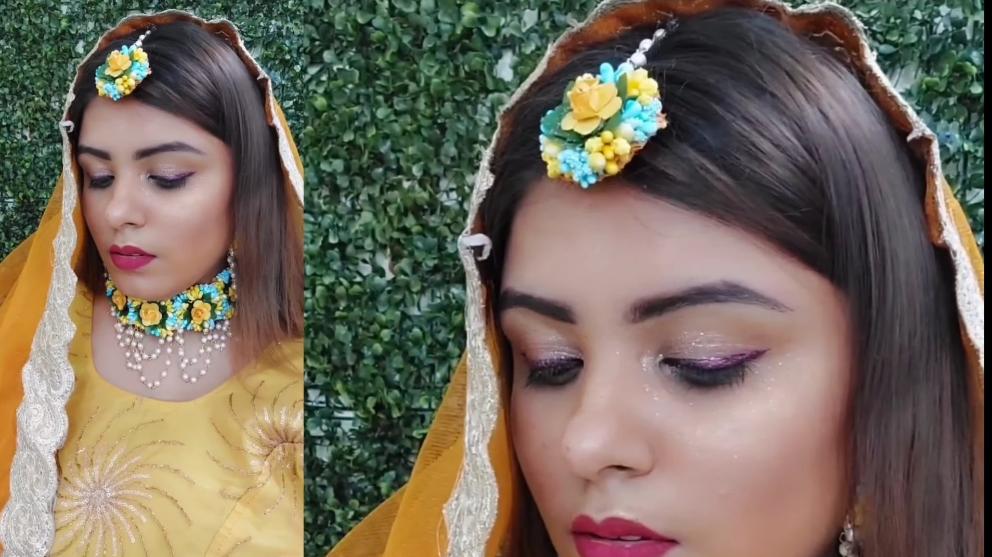 New Jaipur Handicraft Necklace ,Earring, Maangtika & Bracelet Set Blue - Yellow / Free Size / Bridal Look Lamansh® 🌺🌻🌹🌷 Floral Jewellery Set