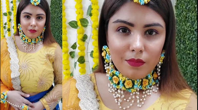 New Jaipur Handicraft Necklace ,Earring, Maangtika & Bracelet Set Blue - Yellow / Free Size / Bridal Look Lamansh® 🌺🌻🌹🌷 Floral Jewellery Set
