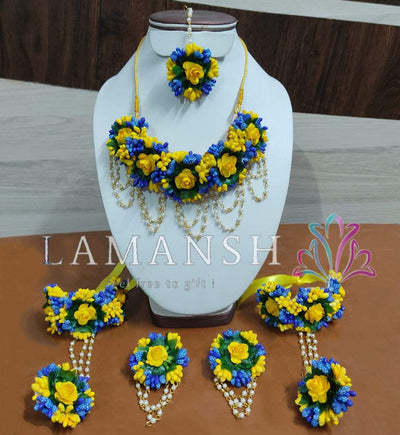 New Jaipur Handicraft Necklace ,Earring, Maangtika & Bracelet Set Blue - Yellow / Free Size / Bridal Look Lamansh® 🌺🌷 Floral Jewellery Set