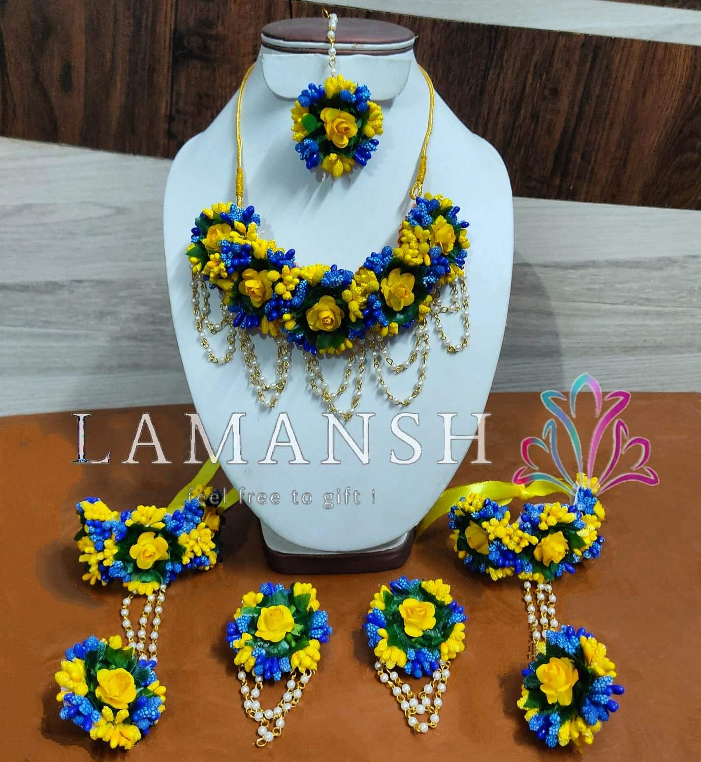 New Jaipur Handicraft Necklace ,Earring, Maangtika & Bracelet Set Dark Blue - Yellow / Free Size / Bridal Look Lamansh® 🌺🌻🌹🌷 Floral Jewellery Set