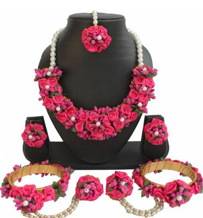 New Jaipur Handicraft Necklace ,Earring, Maangtika & Bracelet Set Dark pink / Free Size / Bridal Look Lamansh® 🌺🌻🌹🌷 Floral Jewellery Set