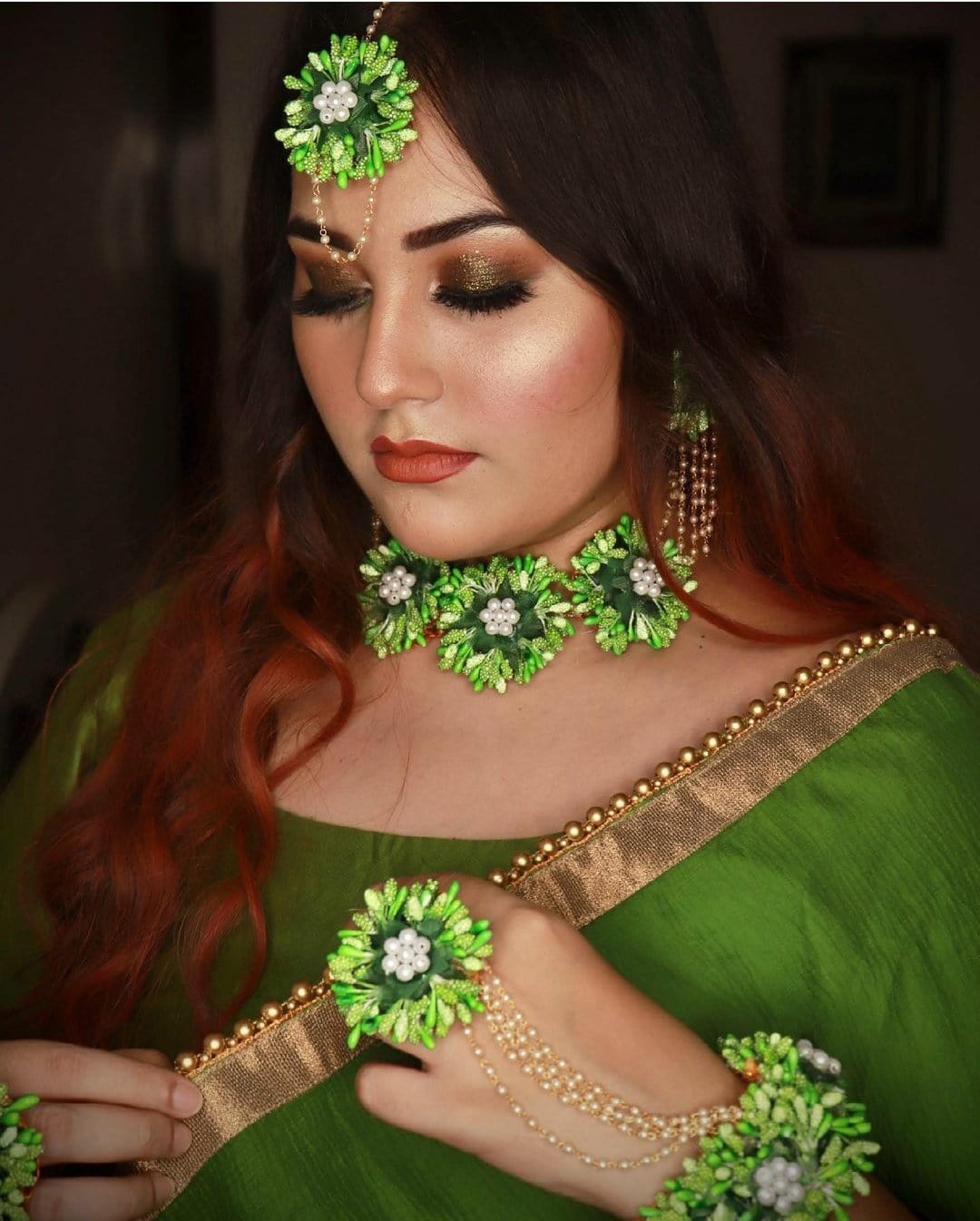 New Jaipur Handicraft Necklace , Earring, Maangtika & Bracelet Set Green / Free Size / Bridal Look Lamansh® 🌺🌻🌹🌷 Floral Jewellery Set