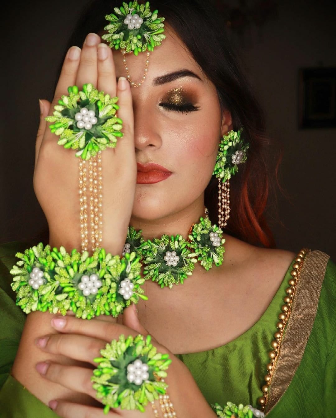New Jaipur Handicraft Necklace , Earring, Maangtika & Bracelet Set Green / Free Size / Bridal Look Lamansh® 🌺🌻🌹🌷 Floral Jewellery Set
