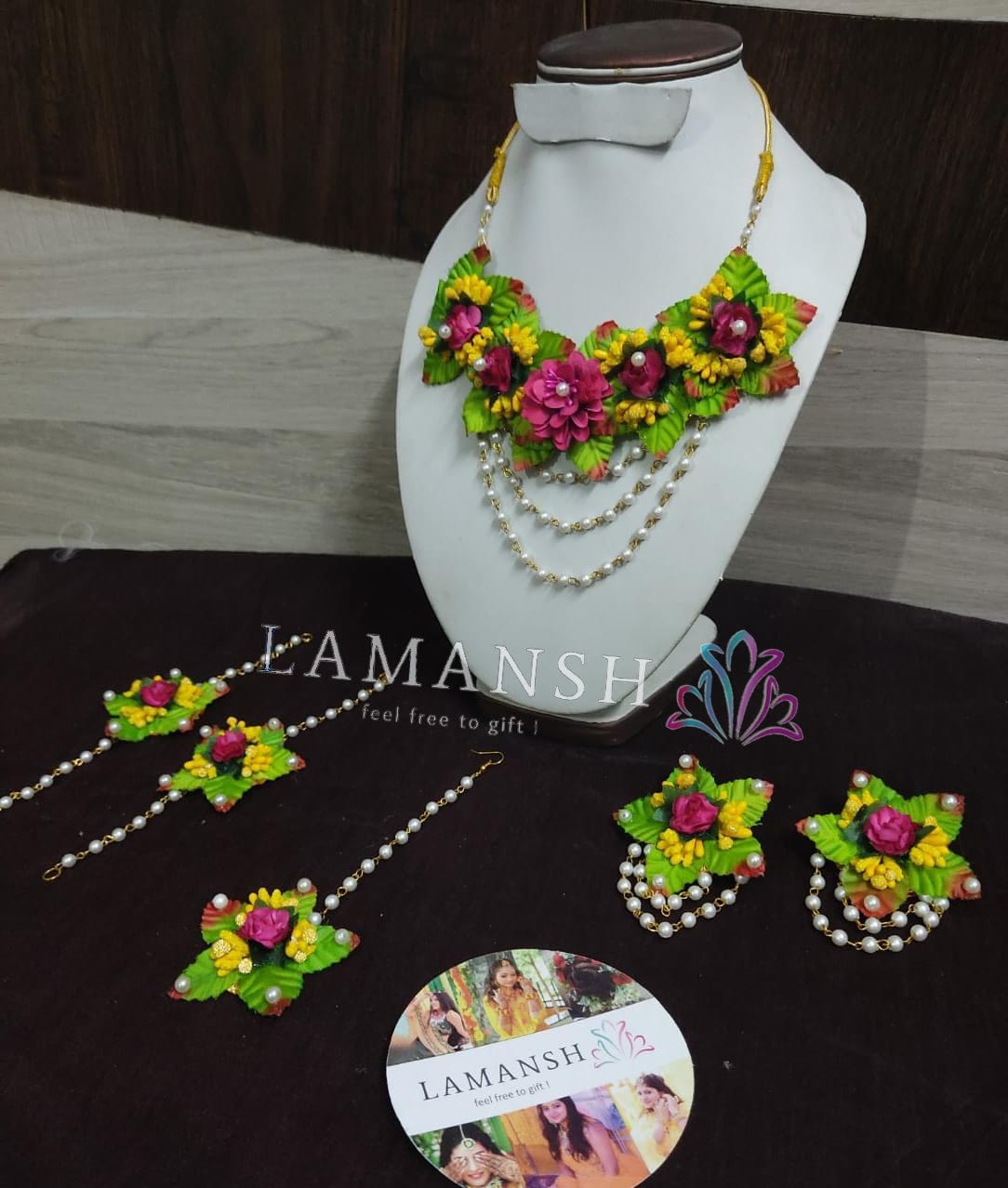 New Jaipur Handicraft Necklace ,Earring, Maangtika & Bracelet Set Green-Pink- Yellow / Free Size / Bridal Look Lamansh® 🌺🌻🌹🌷 Floral Jewellery Set
