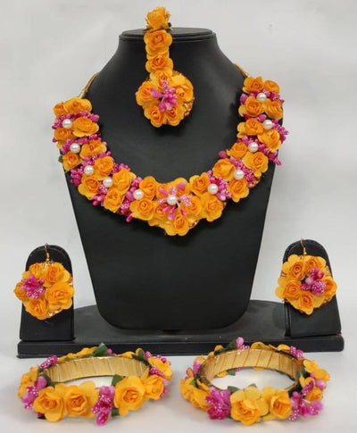 New Jaipur Handicraft Necklace ,Earring, Maangtika & Bracelet Set Orange / Free size / Bridal Look Lamansh® 🌺🌻🌹🌷 Floral Jewellery Set