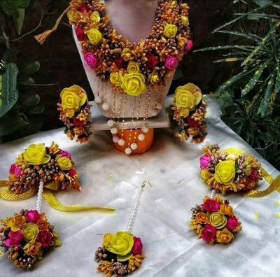 New Jaipur Handicraft Necklace , Earring, Maangtika & Bracelet Set Orange-Yellow-Golden / Free Size / Bridal Look Lamansh® 🌺🌻🌹🌷 Floral Jewellery Set