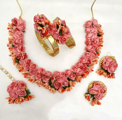 New Jaipur Handicraft Necklace ,Earring, Maangtika & Bracelet Set Peach / Free Size / Bridal Look Lamansh® 🌺🌻🌹🌷 Floral Jewellery Set