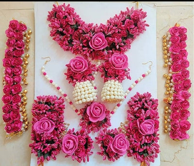 New Jaipur Handicraft Necklace ,Earring, Maangtika & Bracelet Set Pink / Free Size / Bridal Look Lamansh® 🌺🌻🌹🌷 Floral Jewellery Set