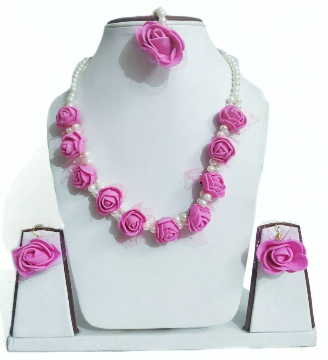 New Jaipur Handicraft Necklace ,Earring, Maangtika & Bracelet Set Pink / Free size / Bridal Look Lamansh® 🌺🌻🌹🌷 Floral Jewellery Set