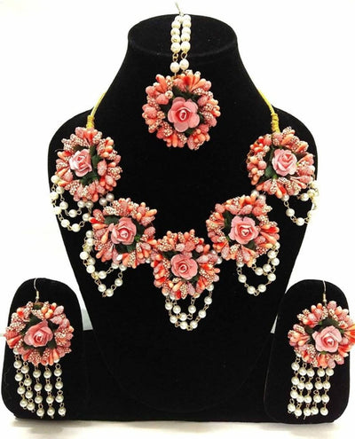 New Jaipur Handicraft Necklace ,Earring, Maangtika & Bracelet Set Pink / Free size / Bridal Look Lamansh® 🌺🌻🌹🌷 Floral Jewellery Set