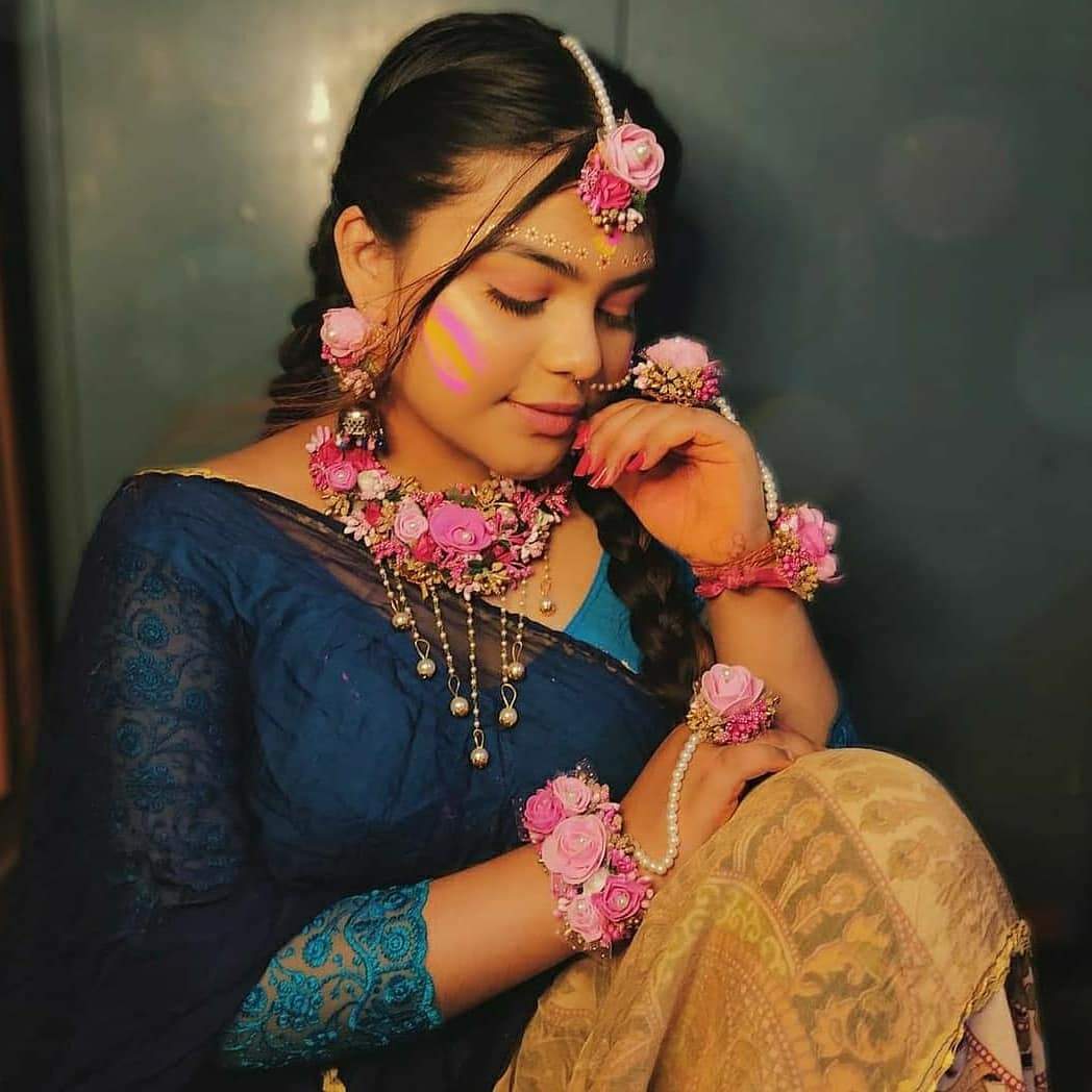 New Jaipur Handicraft Necklace ,Earring, Maangtika & Bracelet Set 🌸 Pink-Gold / Free Size / Bridal Look Lamansh® 🌺 Special Flower Jewellery Set