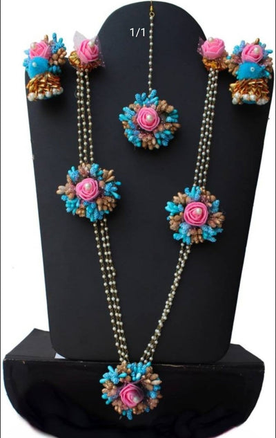 New Jaipur Handicraft Necklace ,Earring, Maangtika & Bracelet Set Pink - sky blue / Free Size / Bridal Look Lamansh® 🌺🌻🌹🌷 Floral Jewellery Set