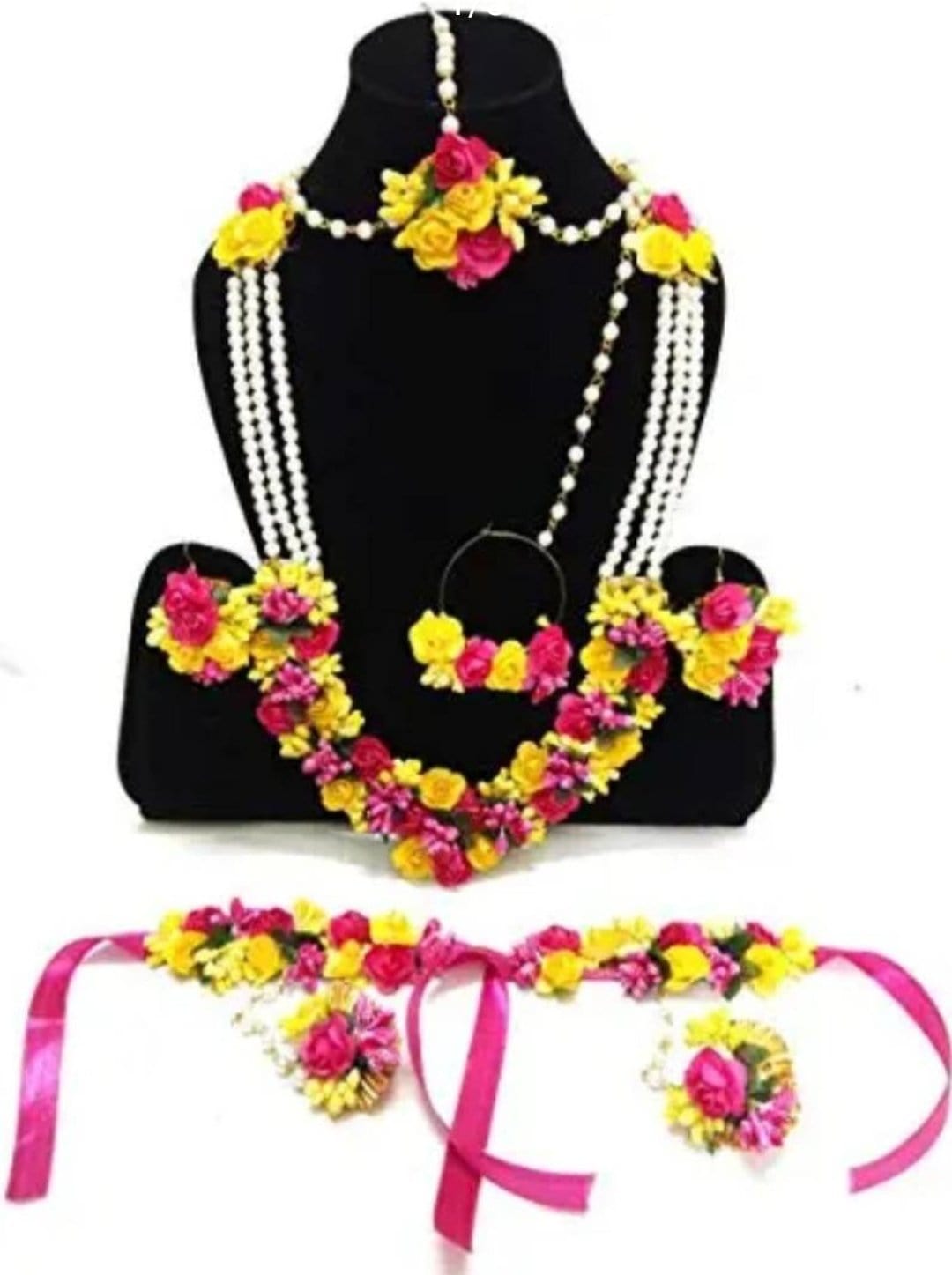 New Jaipur Handicraft Necklace ,Earring, Maangtika & Bracelet Set Pink- yellow / Free size / Bridal Look Lamansh® 🌺🌻🌹🌷 Floral Jewellery Set