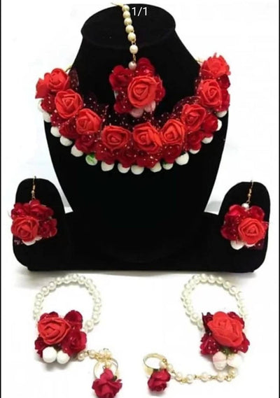 New Jaipur Handicraft Necklace ,Earring, Maangtika & Bracelet Set Red / Free size / Bridal Look Lamansh® 🌺🌻🌹🌷 Floral Jewellery Set