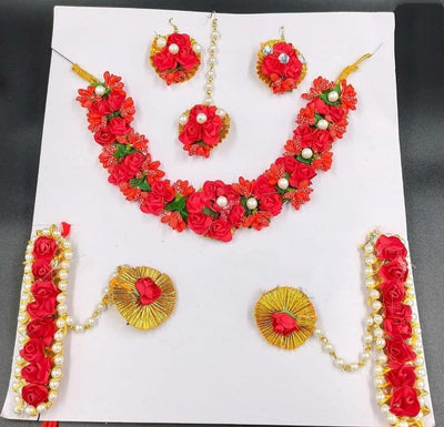 New Jaipur Handicraft Necklace ,Earring, Maangtika & Bracelet Set Red / Free Size / Bridal Look Lamansh® 🌺 Special Floral Jewel Set