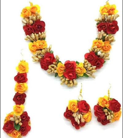 New Jaipur Handicraft Necklace ,Earring, Maangtika & Bracelet Set Red - Yellow / Free Size / Bridal Look Lamansh® 🌺🌻🌹🌷 Floral Jewellery Set