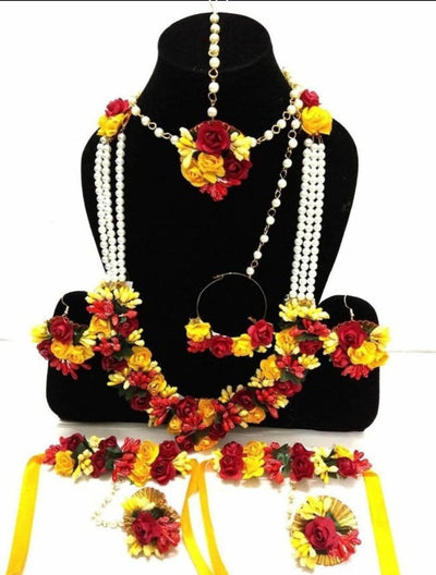 New Jaipur Handicraft Necklace ,Earring, Maangtika & Bracelet Set Red- yellow / Free size / Bridal Look Lamansh® 🌺🌻🌹🌷 Floral Jewellery Set