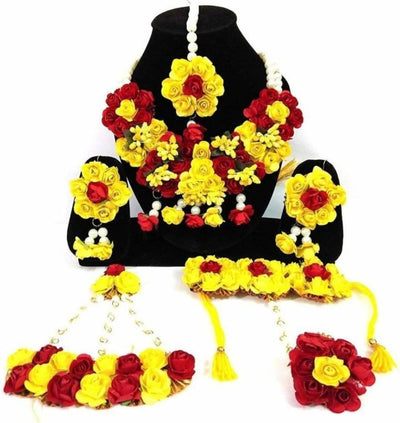 New Jaipur Handicraft Necklace ,Earring, Maangtika & Bracelet Set Red yellow / Free size / Bridal Look Lamansh® 🌺🌻🌹🌷 Floral Jewellery Set with Hair Paasa