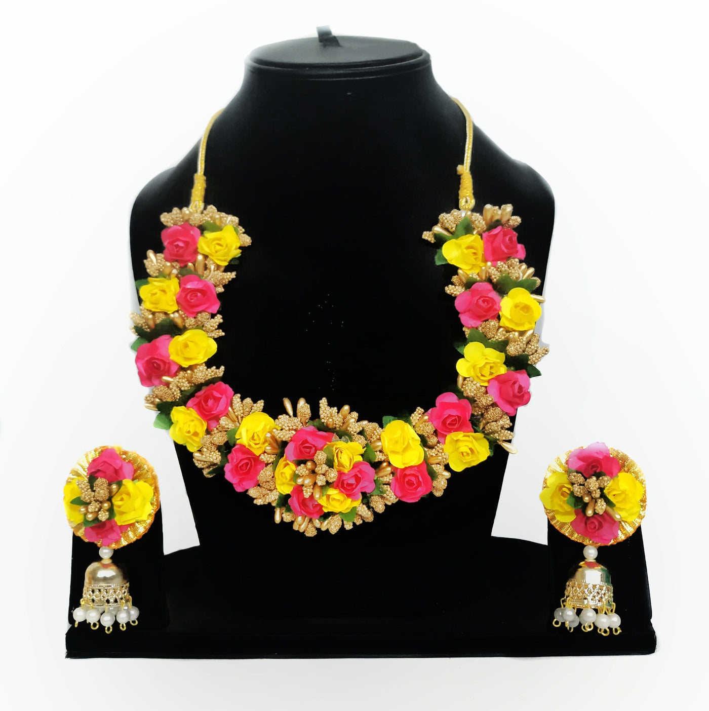 New Jaipur Handicraft Necklace ,Earring, Maangtika & Bracelet Set 🌸 Red-Yellow-Gold / Free Size / Bridal Look Lamansh® 🌺 Special Flower Jewellery Set