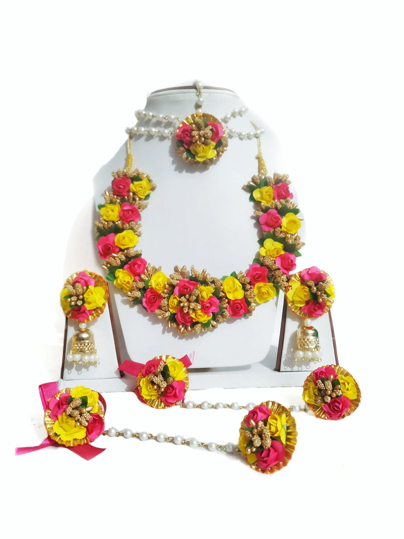 New Jaipur Handicraft Necklace ,Earring, Maangtika & Bracelet Set 🌸 Red-Yellow-Gold / Free Size / Bridal Look Lamansh® 🌺 Special Flower Jewellery Set