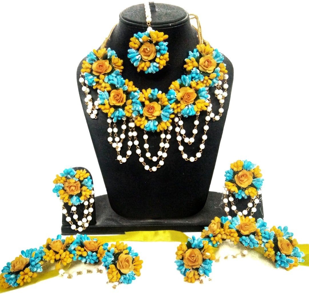 New Jaipur Handicraft Necklace ,Earring, Maangtika & Bracelet Set Sky Blue - Yellow / Free Size / Bridal Look Lamansh® 🌺🌻🌹🌷 Floral Jewellery Set