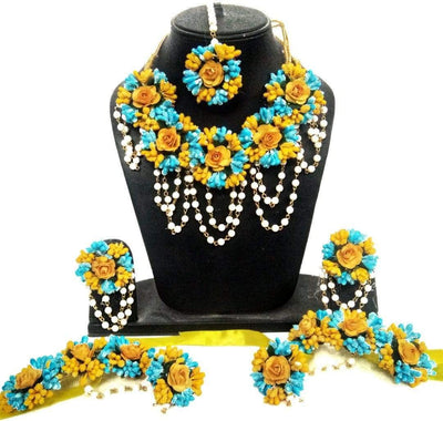 New Jaipur Handicraft Necklace ,Earring, Maangtika & Bracelet Set Sky Blue - Yellow / Free Size / Bridal Look Lamansh® Yellow Blue Floral Jewellery Set