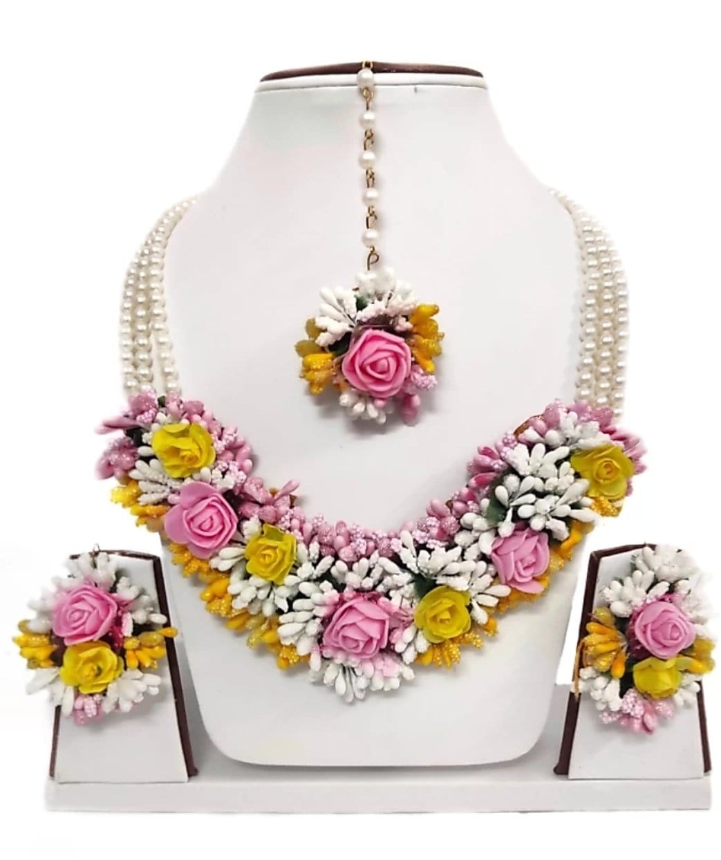 New Jaipur Handicraft Necklace , Earring ,Maangtika & Bracelet set White-Pink-Yellow / Free Size / Bridal Style LAMANSH® Floral Jewellery Set 🌺🌻🌹🌷 / Haldi Set
