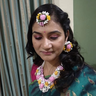 New Jaipur Handicraft Necklace , Earring ,Maangtika & Bracelet set White-Pink-Yellow / Free Size / Bridal Style LAMANSH® Floral Jewellery Set 🌺🌻🌹🌷 / Haldi Set