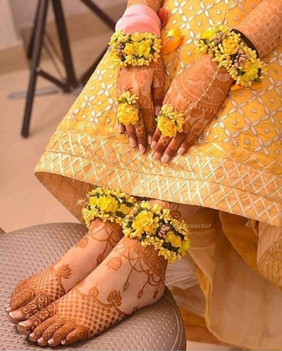 New Jaipur Handicraft Necklace ,Earring, Maangtika & Bracelet Set Yellow / Free size / Bridal Look Lamansh® 🌺🌻🌹🌷 Floral Jewellery Set