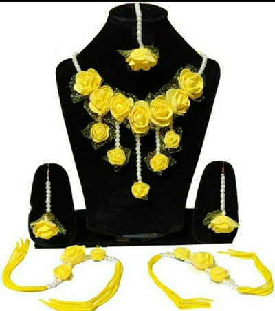 New Jaipur Handicraft Necklace ,Earring, Maangtika & Bracelet Set Yellow / Free size / Bridal Look Lamansh® 🌺🌻🌹🌷 Floral Jewellery Set