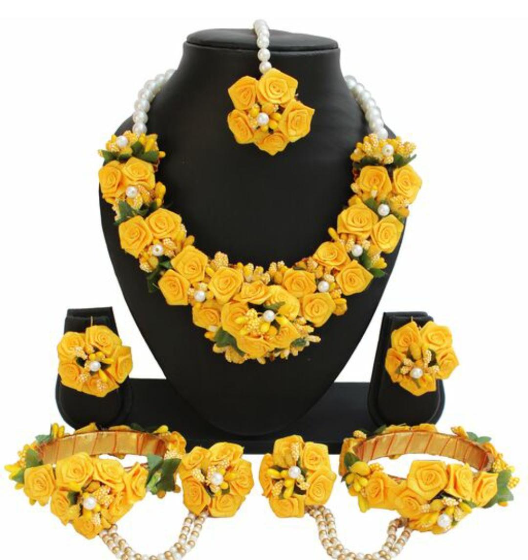 New Jaipur Handicraft Necklace ,Earring, Maangtika & Bracelet Set Yellow / Free Size / Bridal Look Lamansh® 🌺🌻🌹🌷 Floral Jewellery Set