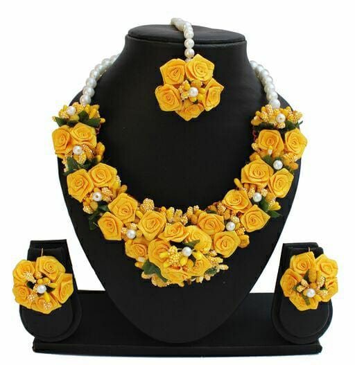 New Jaipur Handicraft Necklace ,Earring, Maangtika & Bracelet Set Yellow / Free Size / Bridal Look Lamansh® 🌺🌻🌹🌷 Floral Jewellery Set