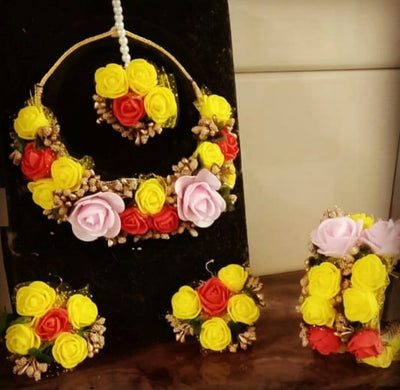 New Jaipur Handicraft Necklace ,Earring, Maangtika & Bracelet Set 🌸 Yellow-Gold-Pink / Free Size / Bridal Look Lamansh® 🌺 Special Flower Jewel Set