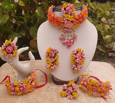 New Jaipur Handicraft Necklace ,Earring, Maangtika & Bracelet Set 🌸 Yellow-Pink / Free Size / Bridal Look Lamansh® 🌺 Special Flower Jewel Set /Artificial Flower 🌺🌻🌹🌷 Jewellery Set