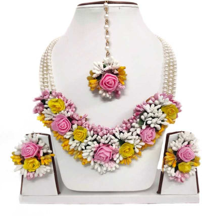 New Jaipur Handicraft Necklace ,Earring, Maangtika & Bracelet Set 🌸 Yellow-pink-white / Free Size / Bridal Look Lamansh® 🌺 Special Flower Jewellery Set
