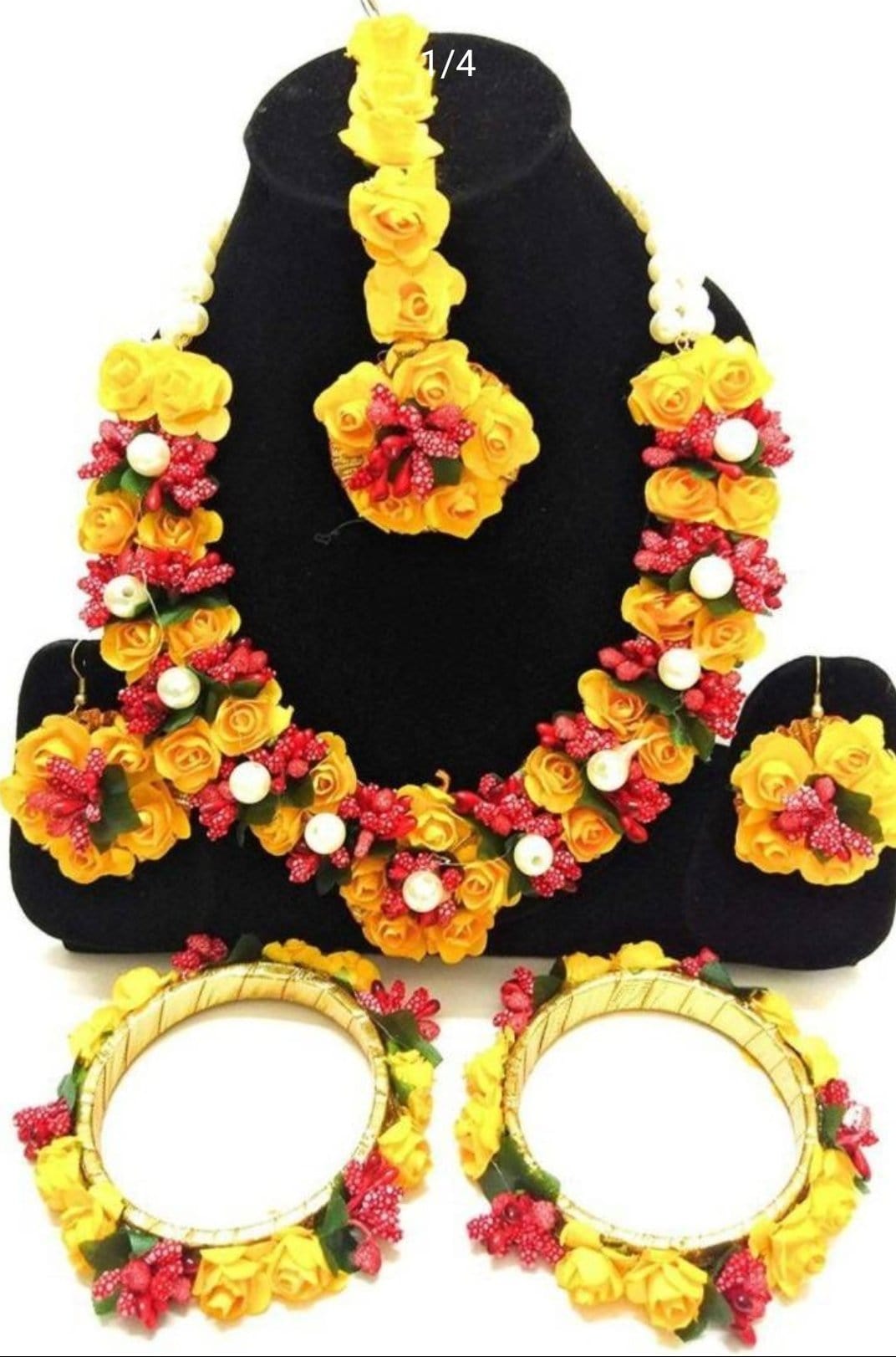 New Jaipur Handicraft Necklace ,Earring, Maangtika & Bracelet Set Yellow - red / Free size / Bridal Look Lamansh® 🌺🌻🌹🌷 Floral Jewellery Set