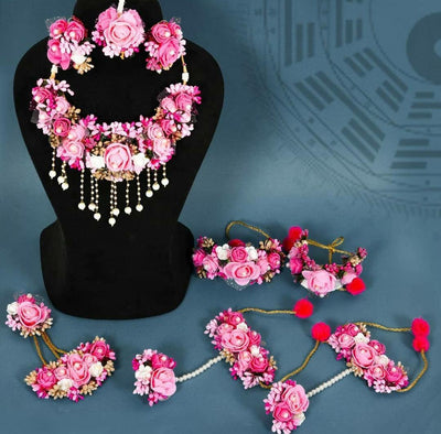 New Jaipur Handicraft Necklace ,Earring, Maangtika , HeadPiece, 2 Bajuband & Bracelet Set 🌸 Pink / Free Size / Bridal Look Lamansh® 🌺 Special Flower Jewel Set /Artificial Flower 🌺🌻🌹🌷 Jewellery Set